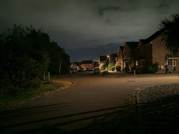 A quiet close of houses at night
