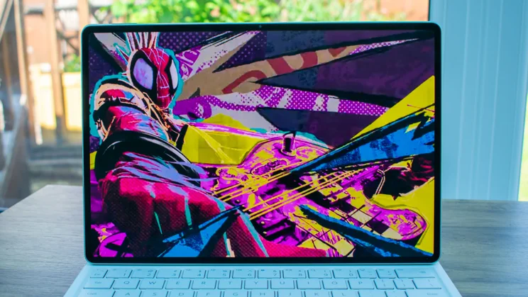 Huawei MatePad Pro (2025) propped up on a desk, colourful animation on the display