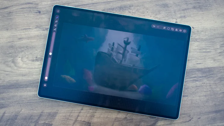 Huawei MatePad Pro (2025) on a desk, face up, with a drawing on the display