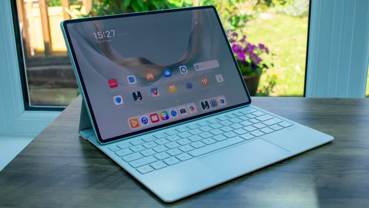 Huawei MatePad Pro (2025) with keyboard attachment, propped up on a desk