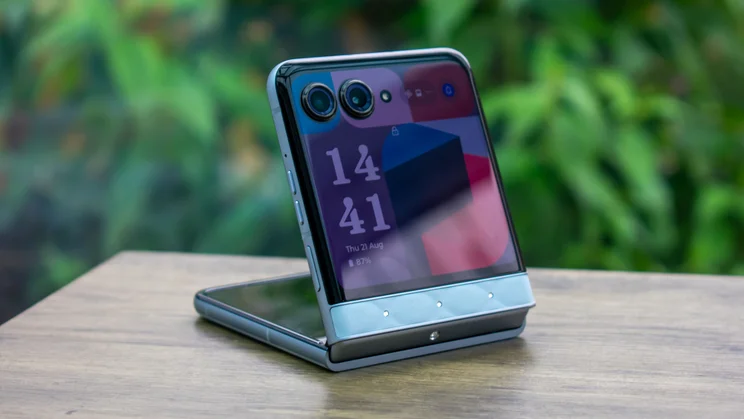 Motorola Razr 60 folded in stand mode, cover screen on
