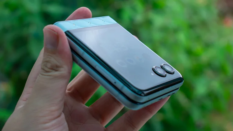 Motorola Razr 60 folded in hand, angled view of the front