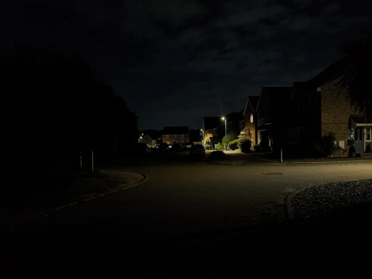 A quiet close of houses at night