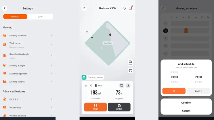 Three screengrabs showing the Segway Navimow's mobile app