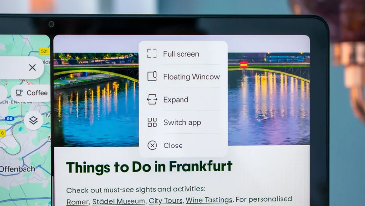 OnePlus Pad Lite in hand, display showing the options for different window arrangements