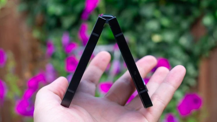 Galaxy Z Flip 7 FE folded in tent mode, side view