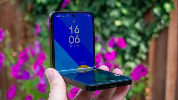 Galaxy Z Flip 7 FE half folded in hand, display on