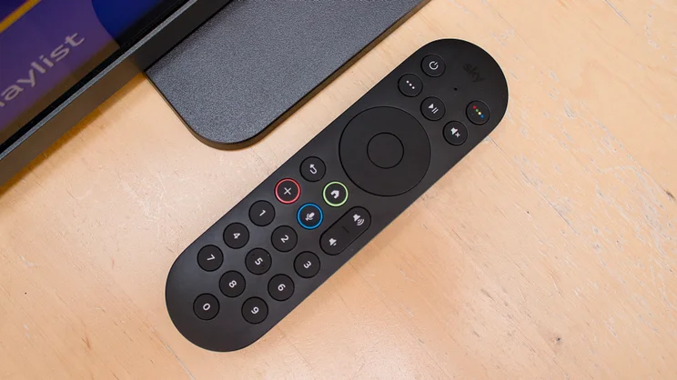 Sky Glass Air showing remote and stand together in one shot