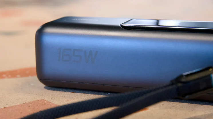 The Anker laptop power bank A1695 on its back pictured from the right