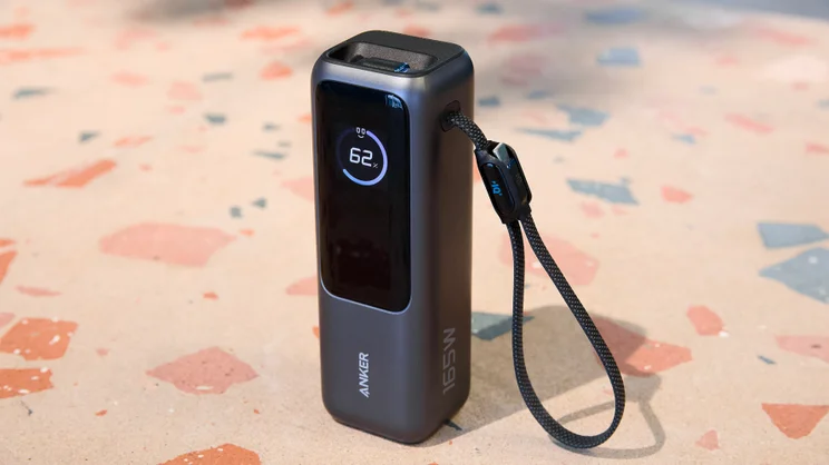 The Anker laptop power bank A1695 pictured from the front right