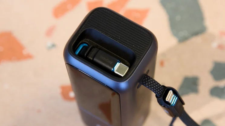 The Anker laptop power bank A1695's retractable USB-C cable stowed away at the top of the unit