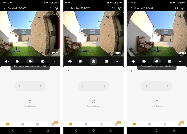 The Imou Doorbell 2S app screenshots showing the extent to which the camera is able to pan left and right