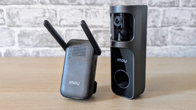 The Imou Doorbell 2S pictured with its chime unit to the left