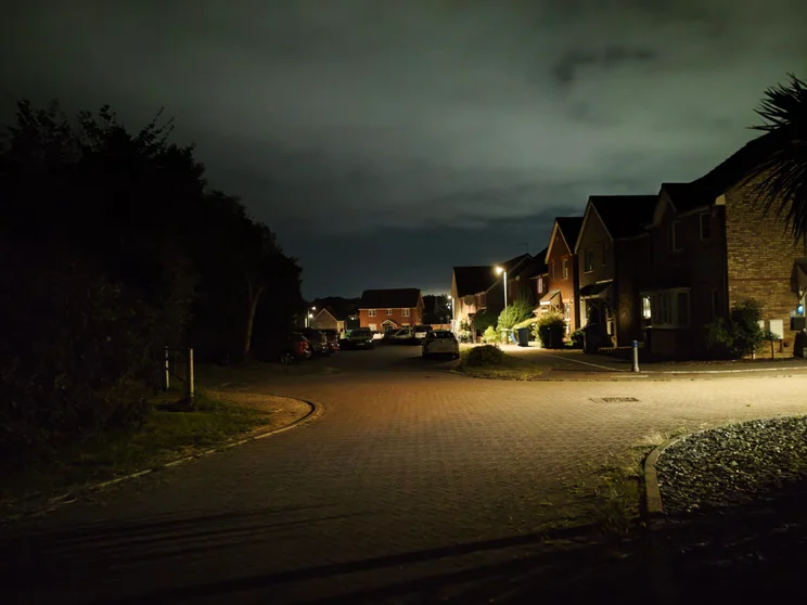 A quiet close of houses at night
