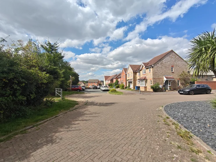 Wide-angle shot of houses with cars parked out front