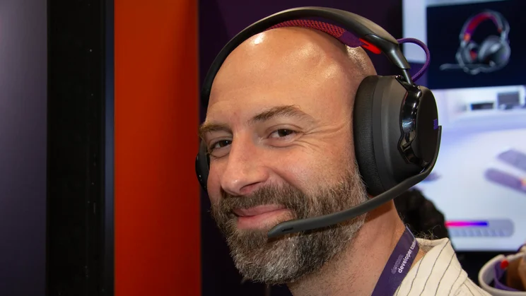 The JBL Quantum 950 wireless gaming headset being worn by our man at Gamescom