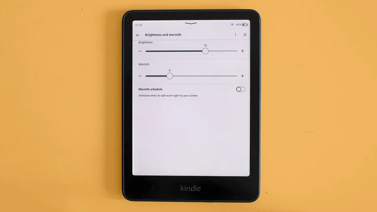 The Amazon Kindle Colorsoft, showing the backlight settings