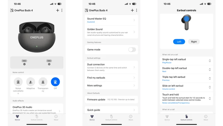 Three screenshots from the OnePlus Buds 4's Hey Melody companion app showing the home page, settings and touch controls