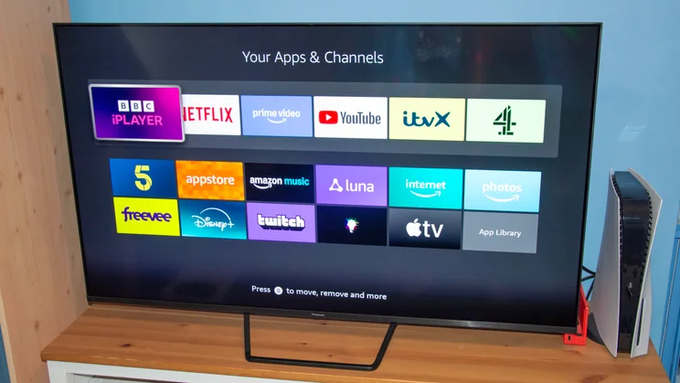 The apps and channels selection page of Fire TV OS displayed on the screen of the Panasonic W95B MinI LED TV