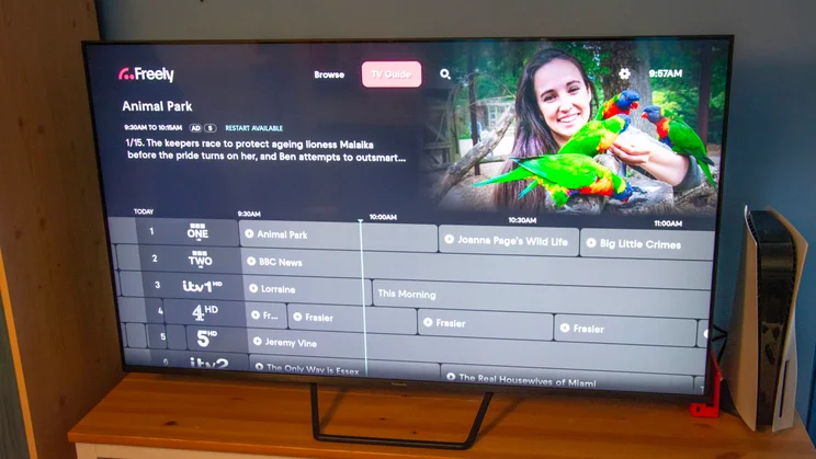 The Freely TV guide being displayed on the Panasonic W95B Mini LED TV
