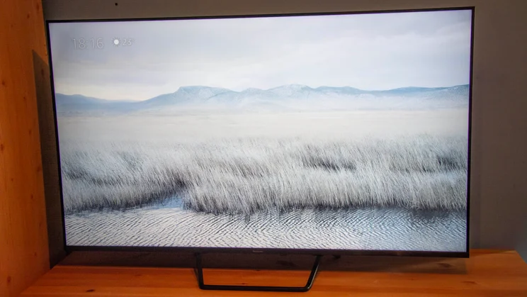The Panasonic W95B Mini LED TV on a wooden cabinet displaying an image of plains and a water source
