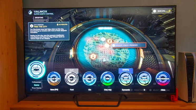The Panasonic W95B Mini LED TV's Game Control Board being displayed while playing Helldivers 2