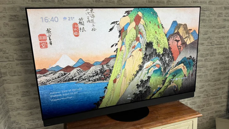 Left-hand side view of the Panasonic Z95B OLED displaying the Fire TV Ambient Experience screensaver "Hakone: View of the Lake" by Utagawa Hiroshige