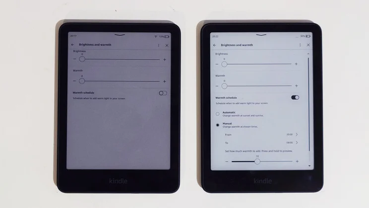 A comparison image, showing the The Amazon Kindle Colorsoft (left) versus the Kindle Paperwhite on the right