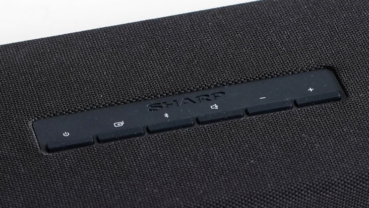 The physical control buttons on the top panel of the Sharp HT-SBW55121 soundbar
