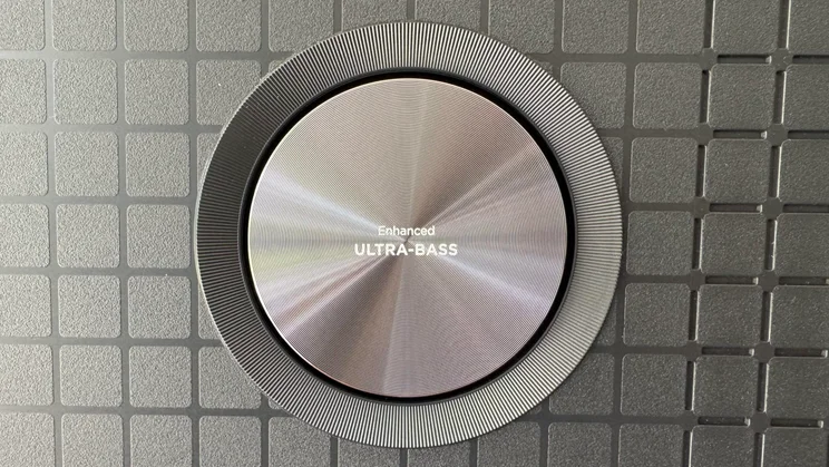 Close-up of the Enhanced Ultra Bass speaker on the rear of the TCL C8K QD-Mini LED TV