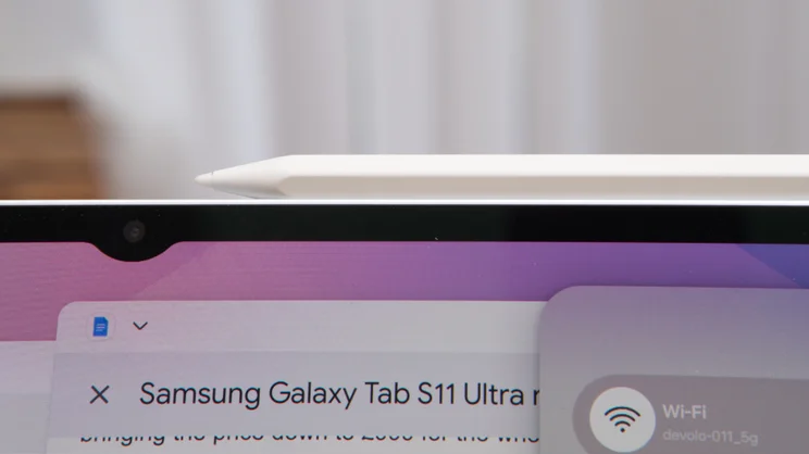 A close up of the Samsung Galaxy Tab S11 Ultra's S Pen stylus, mounted to the top edge