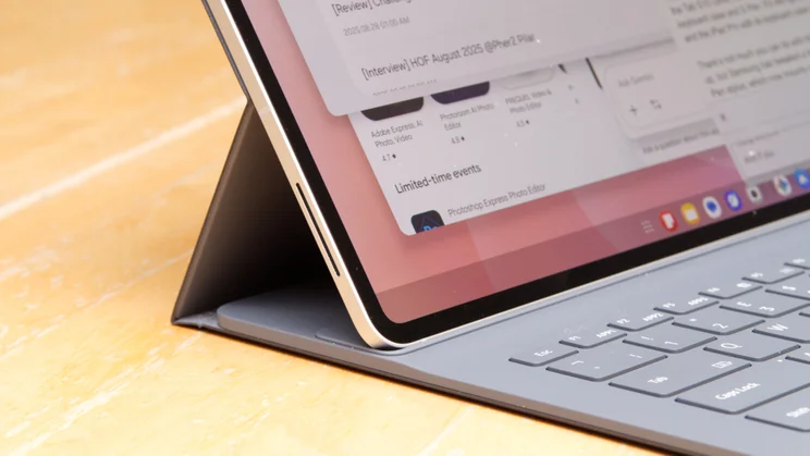 A close up shot of the rear corner of the Samsung Galaxy Tab S11 Ultra's keyboard case