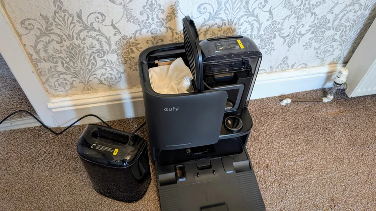 A photograph showing the internals of the Eufy 25's docking station
