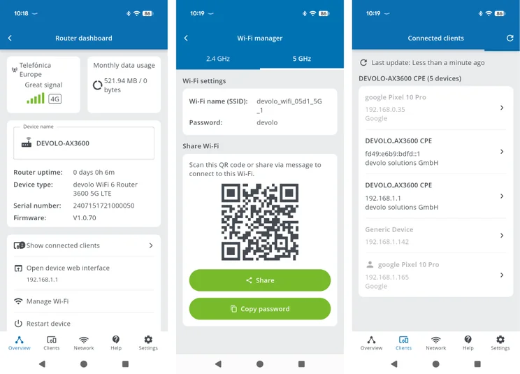 Three screenshots of the Devolo 3600 5G's Android app