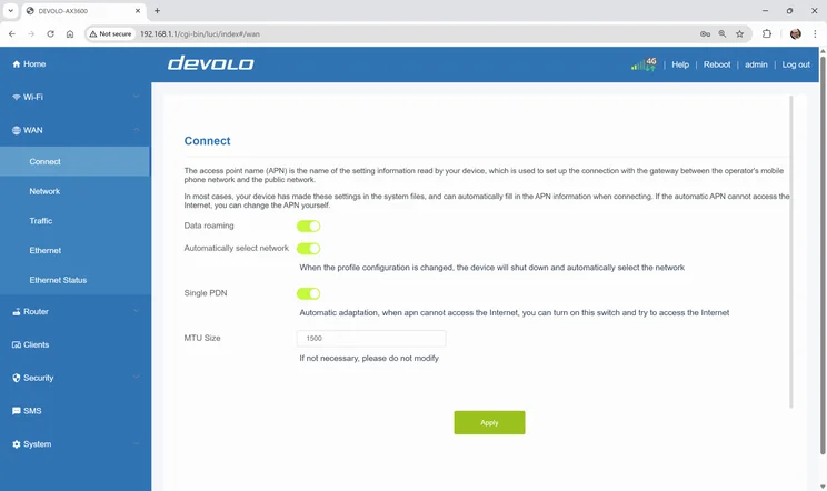 The Devolo 3600 5G's web UI - web WAN settings