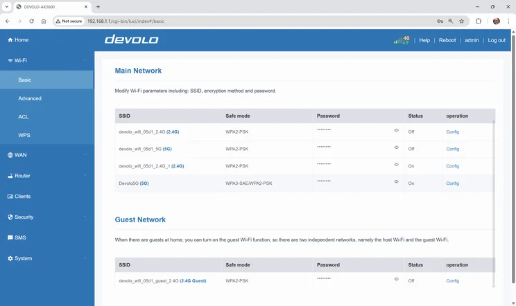 The Devolo 3600 5G's web UI - Wi Fi settings
