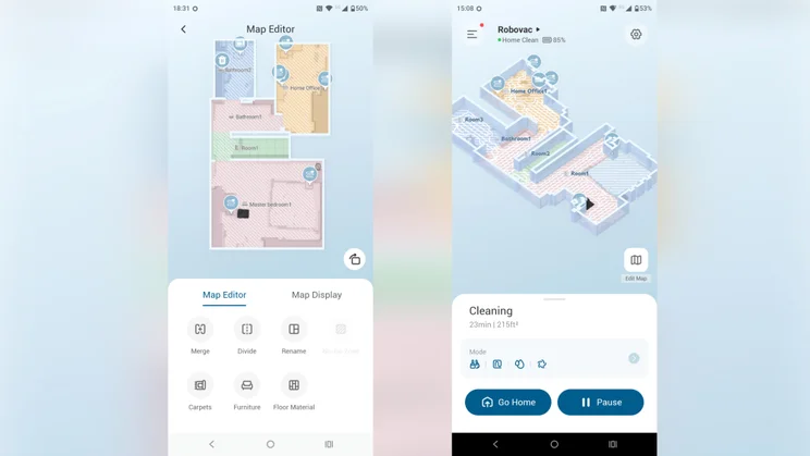 Eufy E25 app screenshots x2 showing the mapping system