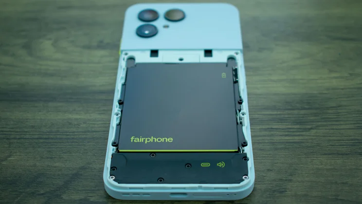 Fairphone 6 without a backplate, showing the removable internal components