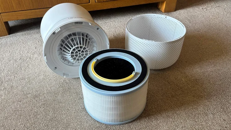 The Levoit Sprout air purifier with filter removed