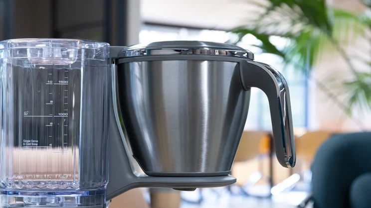 A closeup of the Sage Luxe Brewer filter coffee machine's filter basket, inserted into the machine