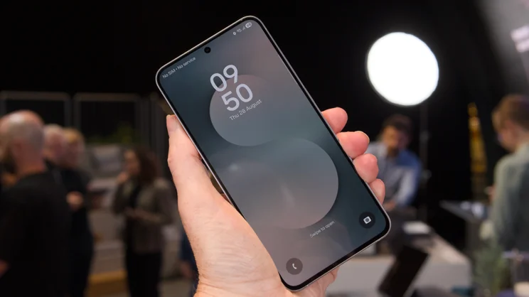 The Samsung Galaxy S25 FE pictured from the front at an angle