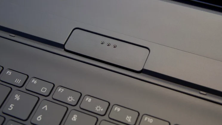 The Samsung Galaxy Tab S11 Ultra's keyboard case, showing the new magnetic latch in close up
