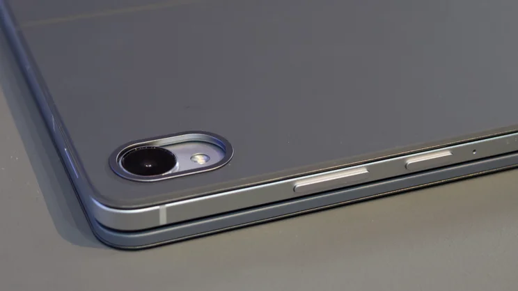 The Samsung Galaxy Tab S11 pictured in its kebyboard case, closed focussing on the camera housing