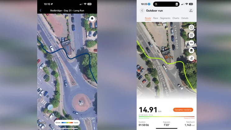 Screenshot of Huawei Health app showing GPS trace of Watch GT 6 Pro vs Garmin Forerunner 955