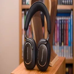 The Bowers & Wilkins Px8 headphones leaning against a headphone stand