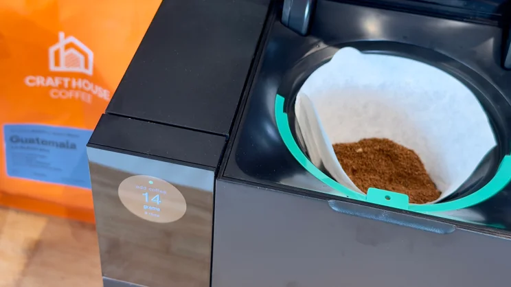 The Fellow Aiden coffee machine with single cup coffee basket in place