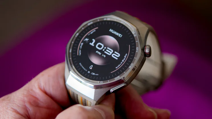 The Huawei Watch 6 Pro held at a slight angle