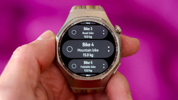 The Huawei Watch 6 Pro with bike settings on screen