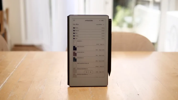 The Remarkable Paper Pro Move, on a kitchen table, showing the home screen