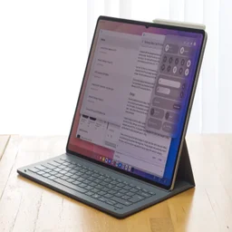 The Samsung Galaxy Tab S11 Ultra pitured from the front in its keyboard case